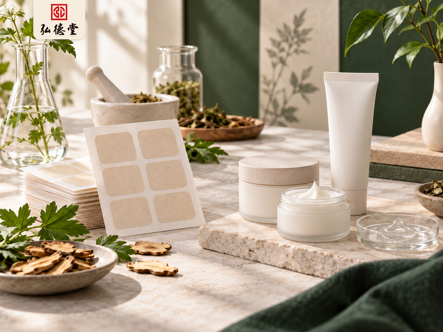 暖色台面上摆放无品牌外用产品概念样品与草本材料，左上角带弘德堂标识。